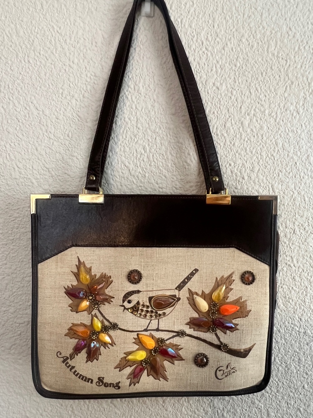 Vintage Enid Collins Autumn Song Jeweled Canvas Tote Bird 1960s